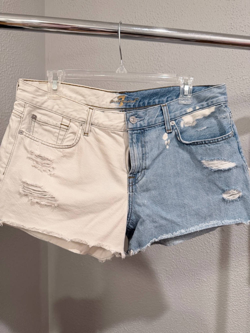 7 For All Mankind Two-Tone Distressed Jean Shorts - White & Light Blue